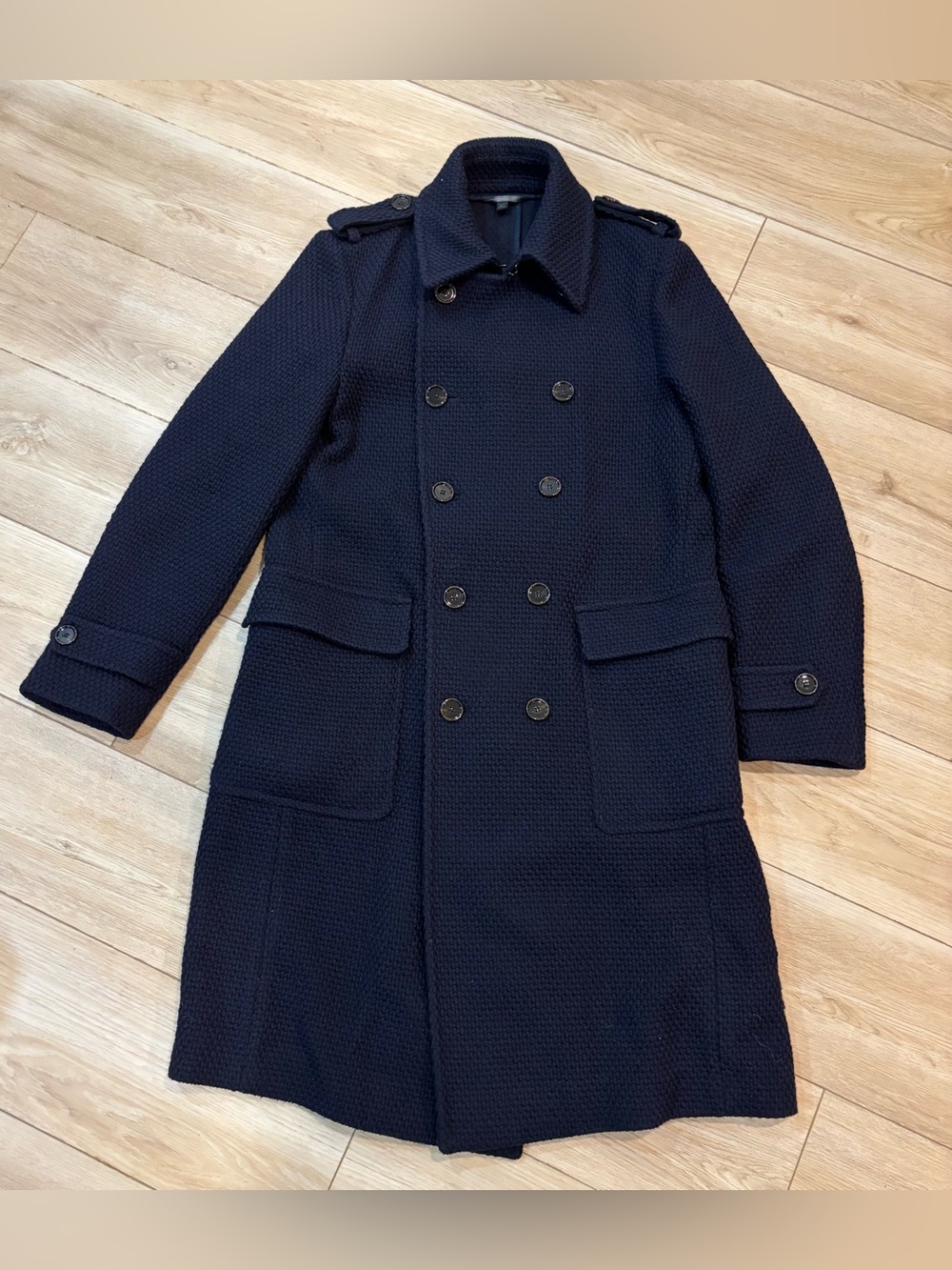 HUGO BOSS Men's Navy Blue Wool Cotton Double Breasted Coat Jacket 36R Daran